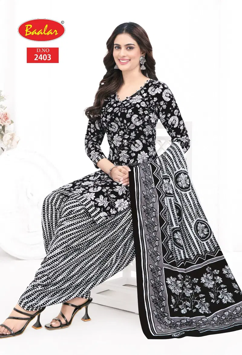 Black & White Patiyala By Baalar Printed Cotton Dress Material Exporters In India